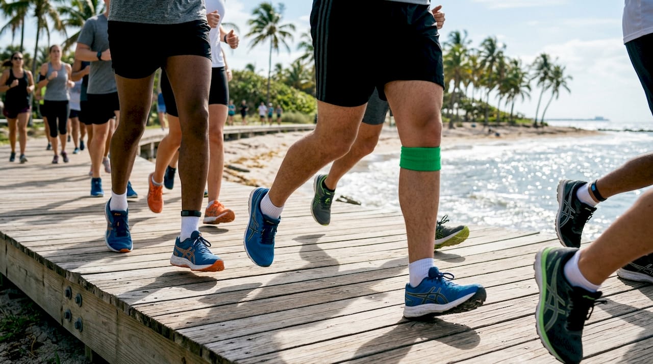 Close-up of employees walking outdoors wearing running shoes