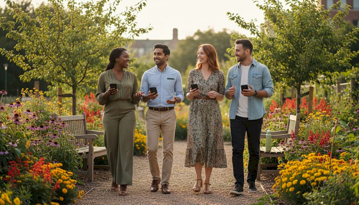 Employees using AI-powered CSR fitness app outdoors