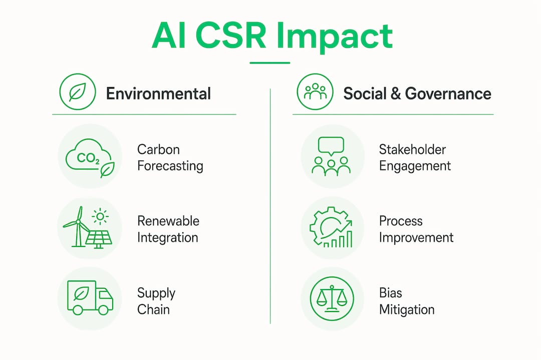 Infographic showing AI CSR impacts on environmental and social governance areas