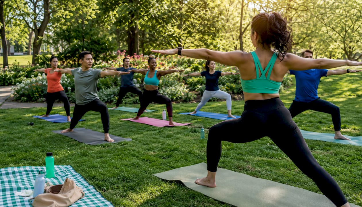 Instructor-led wellness class with diverse employees