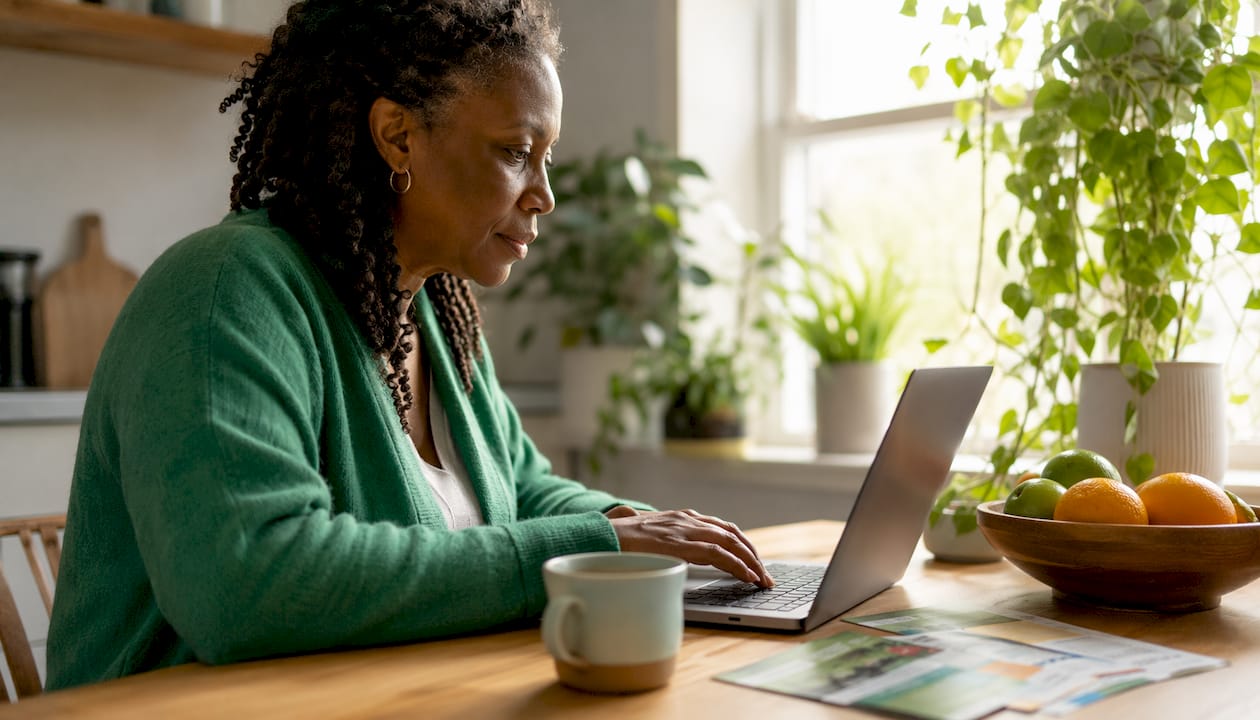Woman reviewing wellness program on laptop