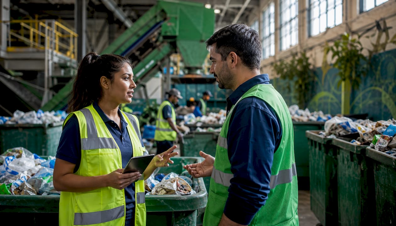 Manufacturing workers sorting recyclables responsibly