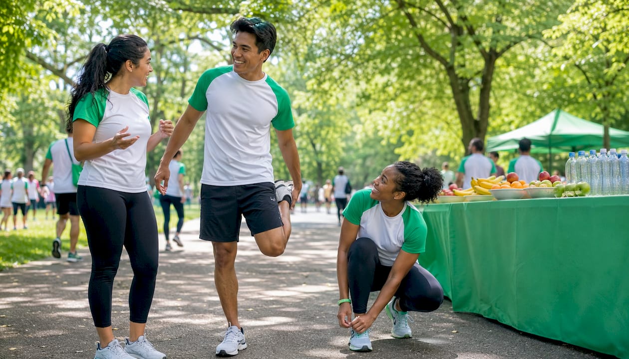 Employees preparing for a wellness philanthropy walk outdoors