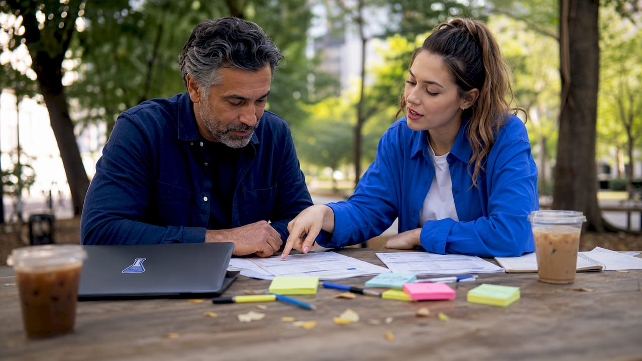 Business owners discussing billing documents