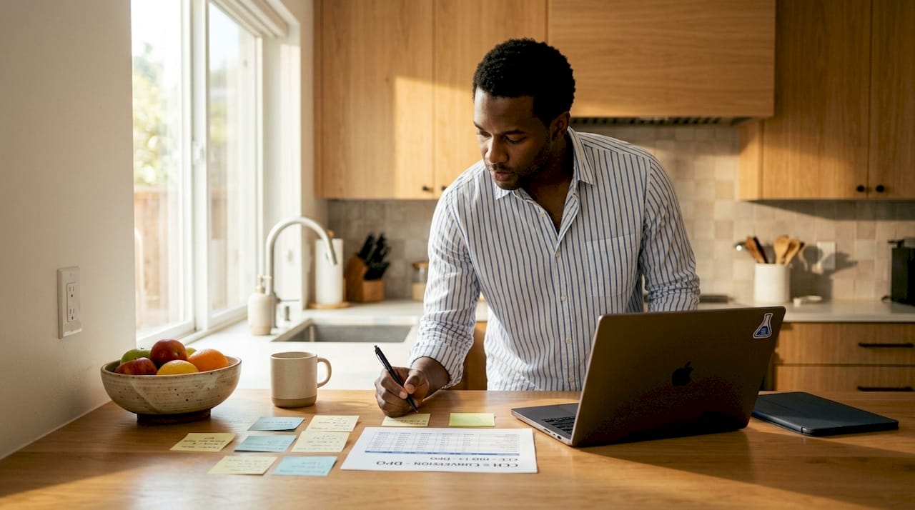 Entrepreneur hands with cash flow spreadsheet and notes