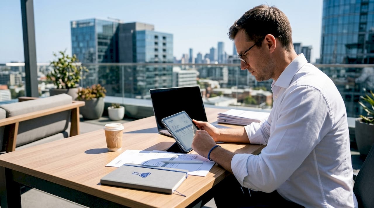 Accountant using QuickBooks invoicing on tablet