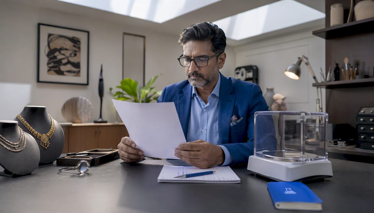 Jeweler examining printed jewelry invoice