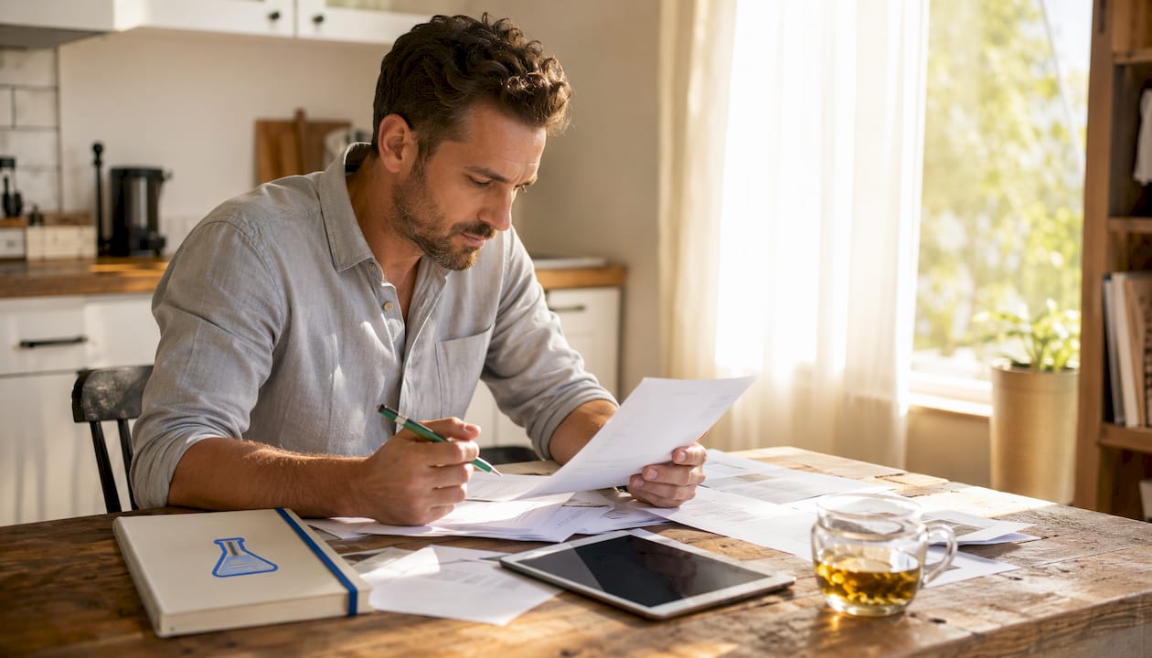 Freelancer reviewing printed invoices at home desk