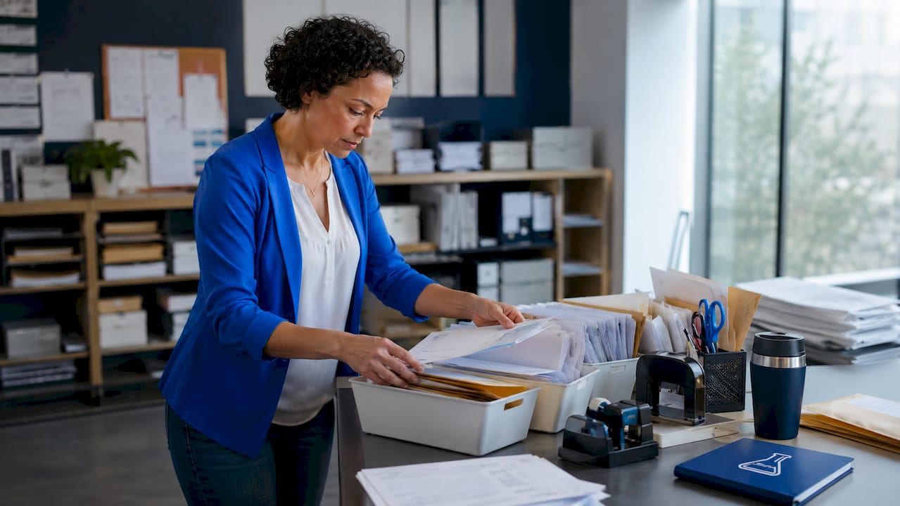 Employee sorting payment mail in office