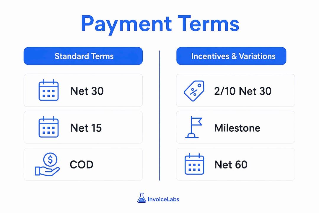 Infographic showing common invoice payment terms categories