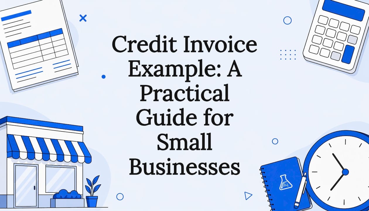 Decorative title card with invoice and business icons