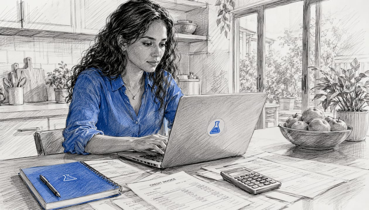 Hands working with accounting software on laptop