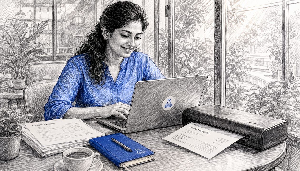 Woman issuing a credit invoice at home office desk