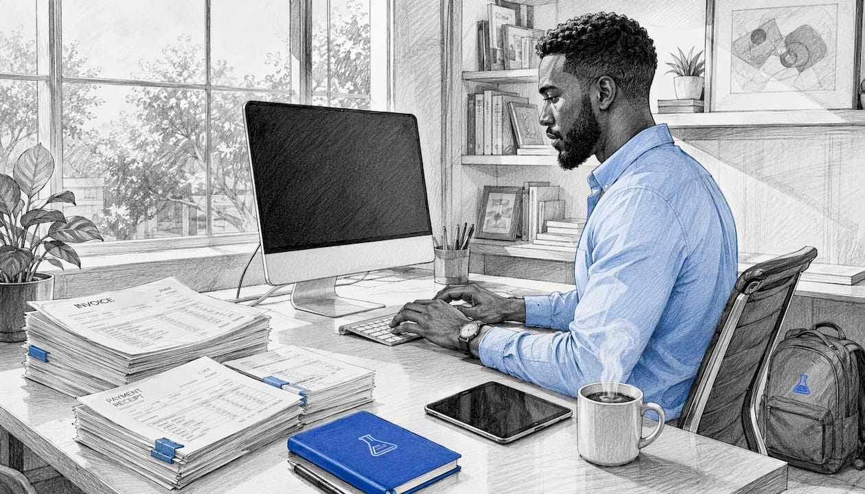 Man processing payment invoices at desk