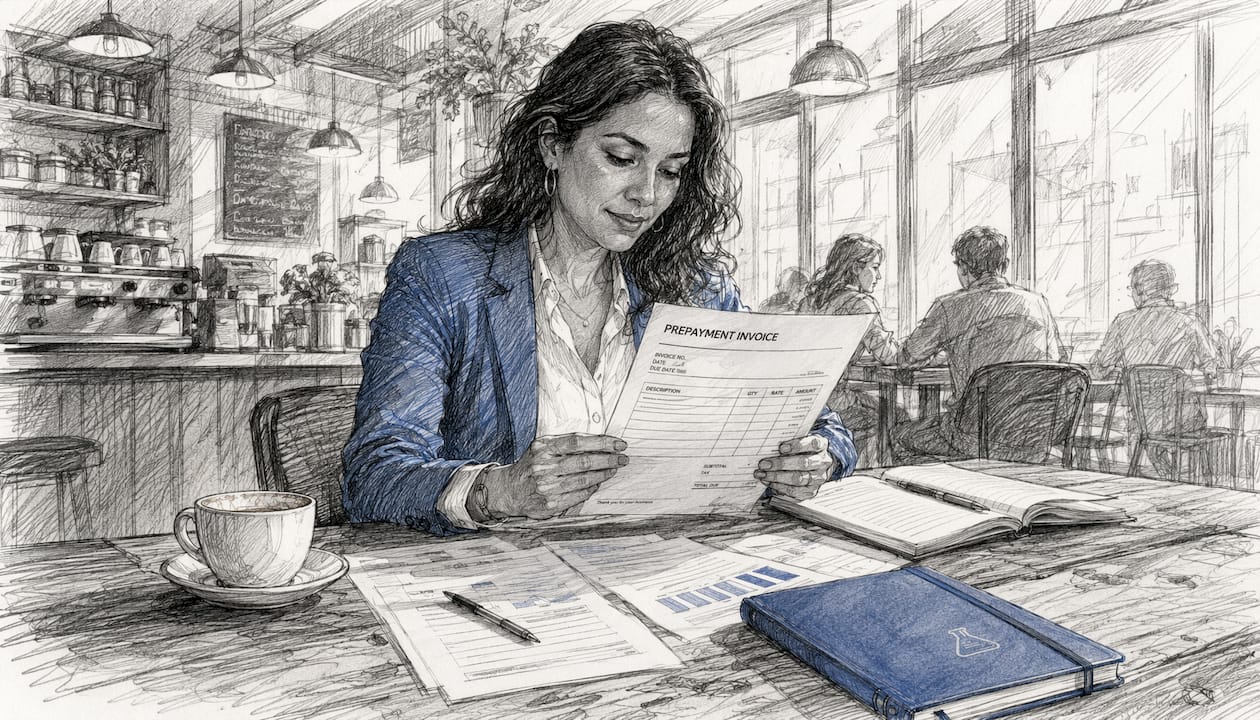 Woman reviewing prepayment invoice paperwork