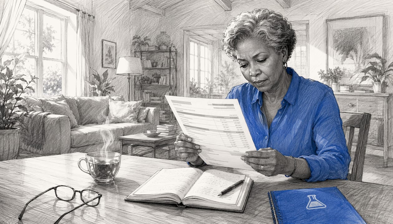Woman reviewing healthcare itemized bill at table