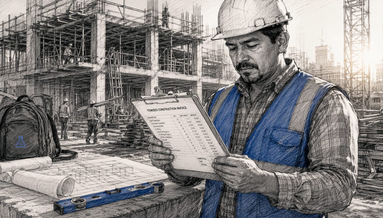 Contractor reviewing itemized construction bill outdoors