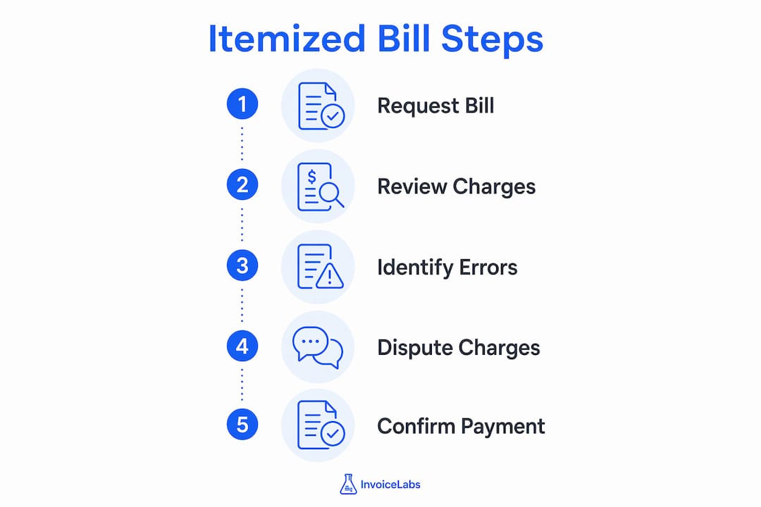 Infographic illustrating steps of itemized billing process with key actions