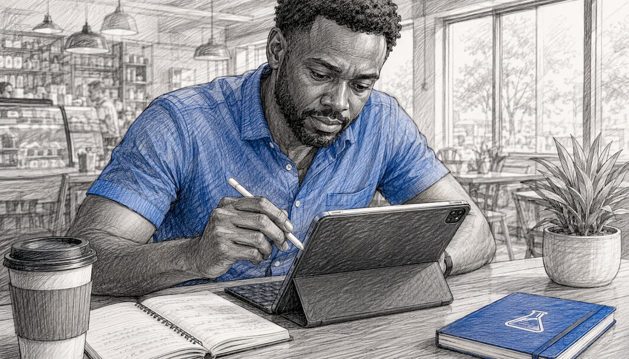 Small business owner reviewing billing app on tablet