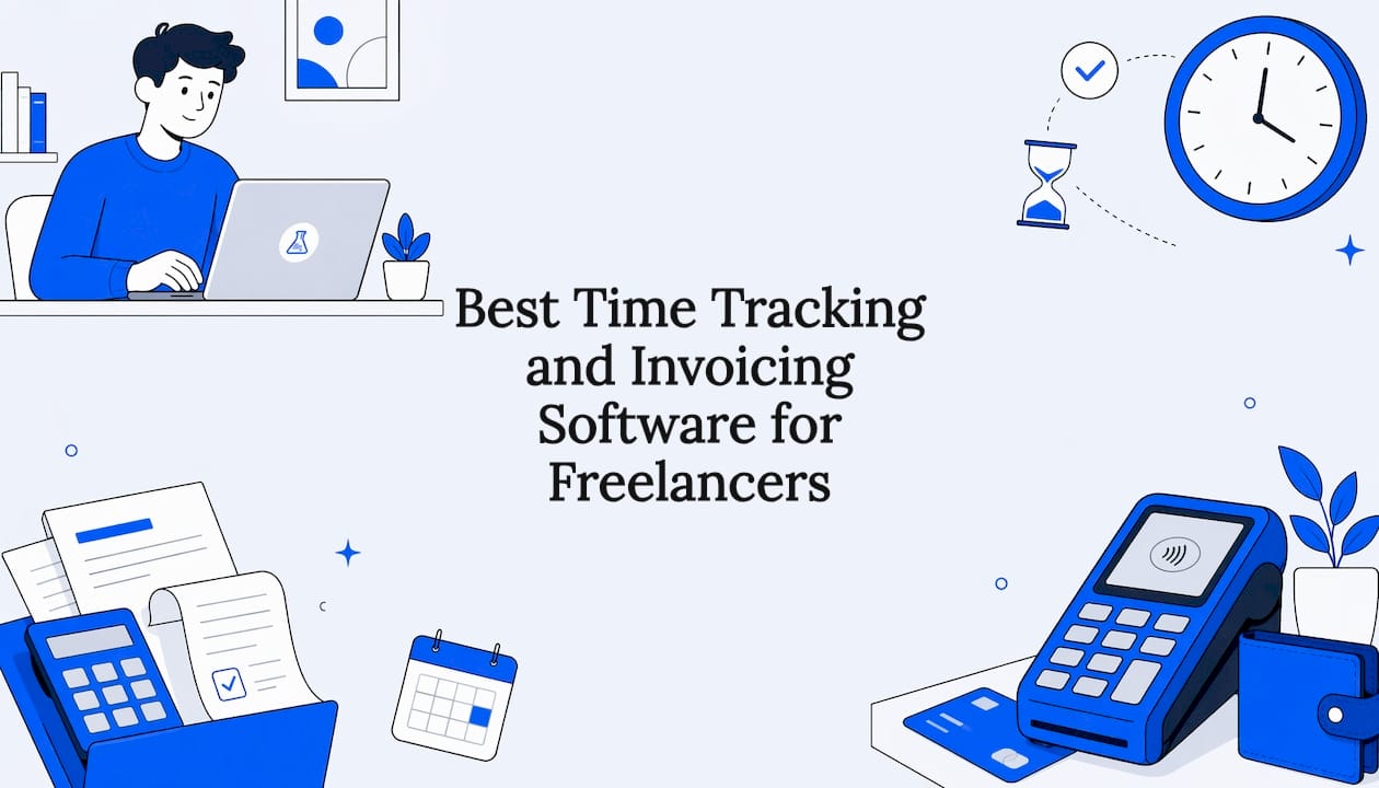 Decorative title card with freelancing icons