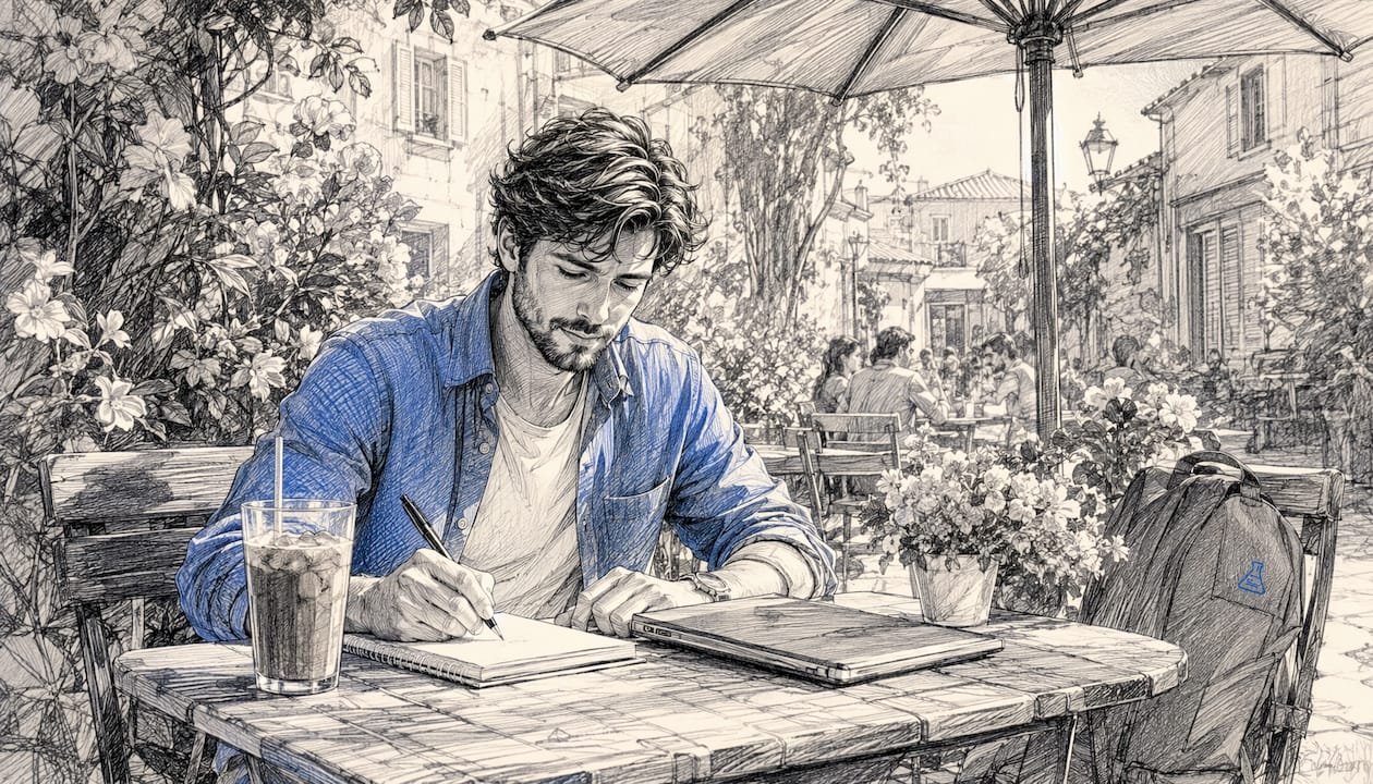 Freelancer using tablet in café with notes