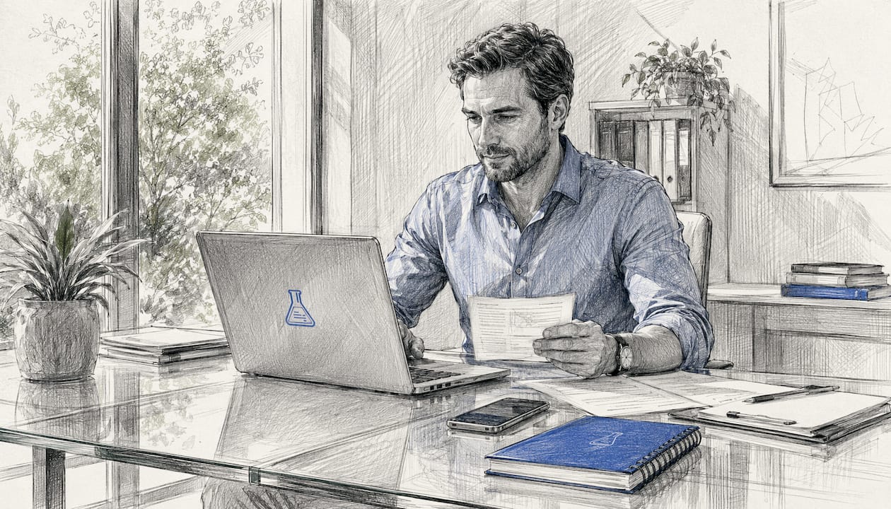 Man sending invoice via laptop