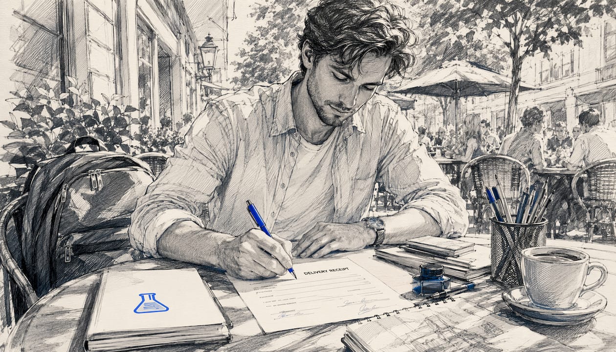 Freelancer signing a delivery receipt at home office desk