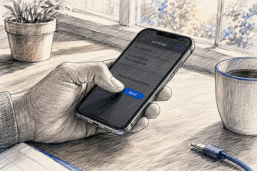 Hand sending invoice email on smartphone