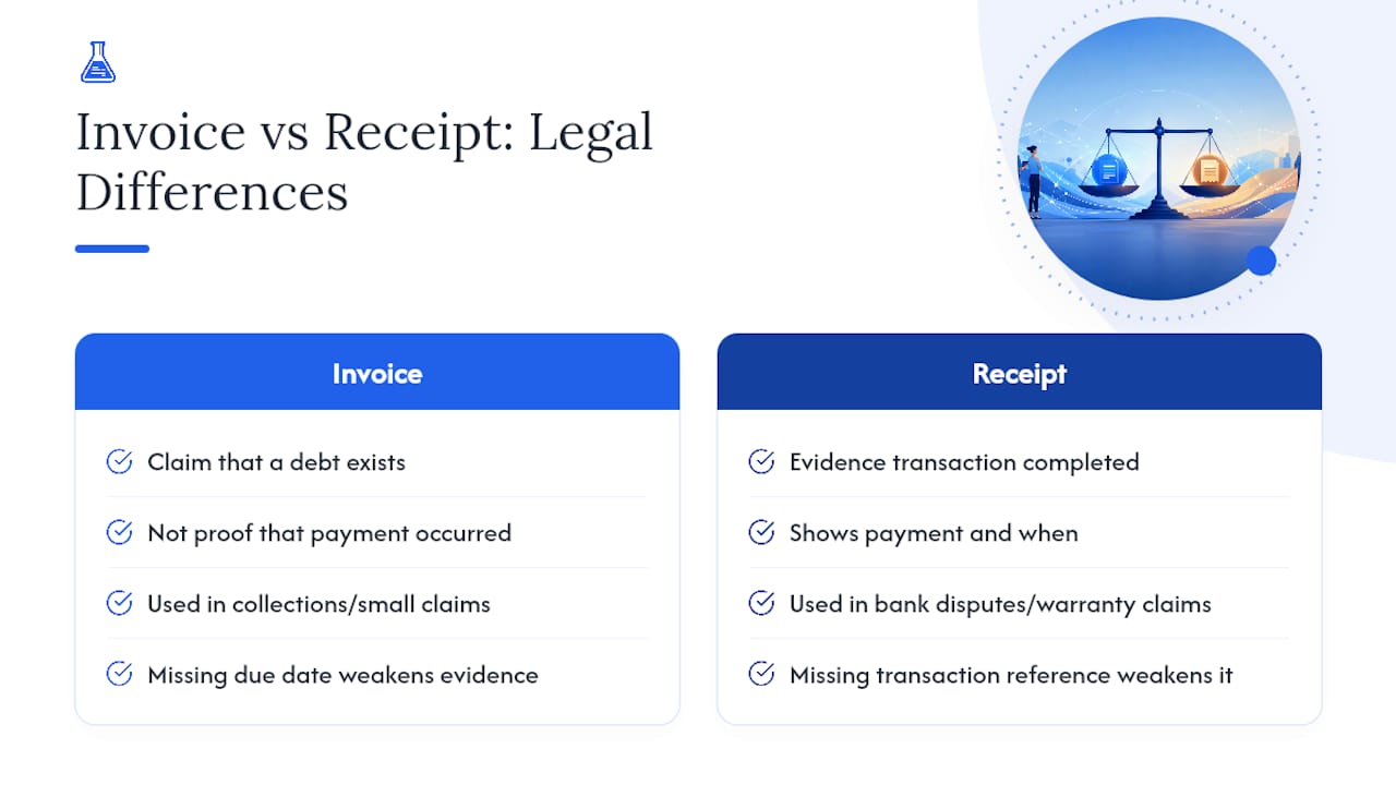 Legal Implications and Validity of Invoices Versus Receipts — overview diagram