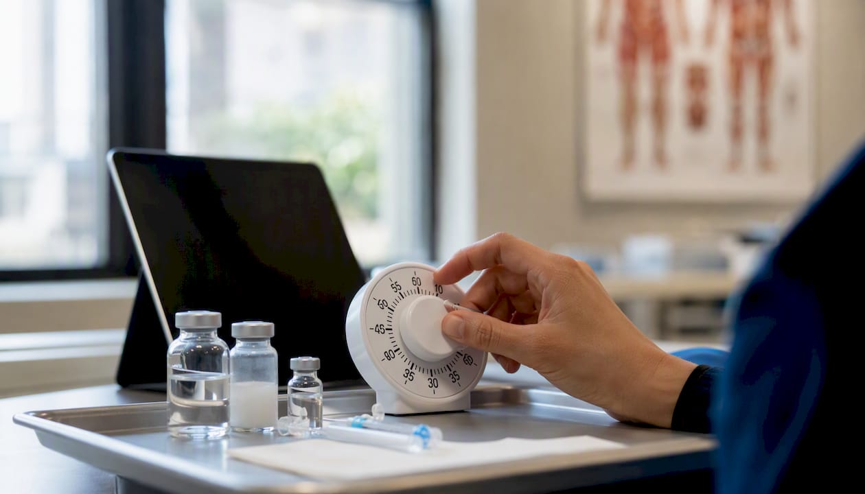Hand adjusting timer in clinical dosing drill setup
