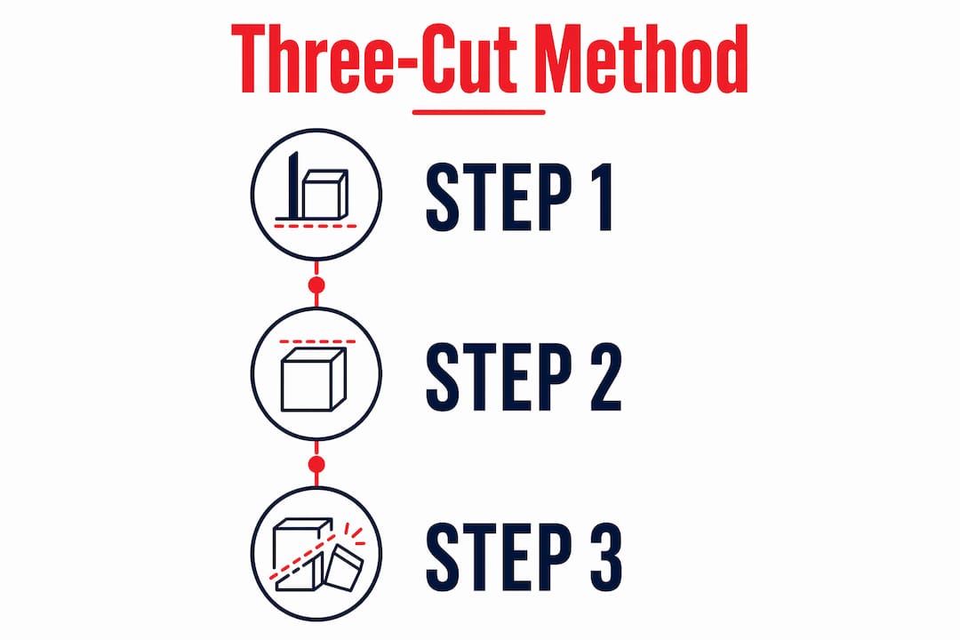 Infographic illustrating three-cut pruning method steps
