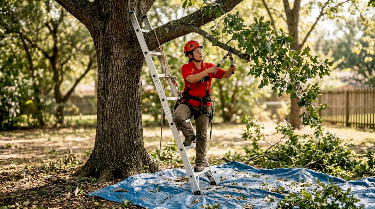 Woman safely cutting tree branch on ladder