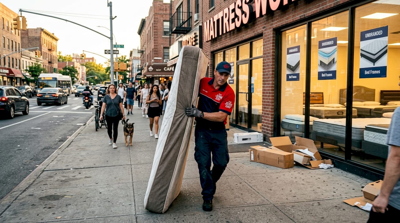 Delivery worker hauling mattress from store