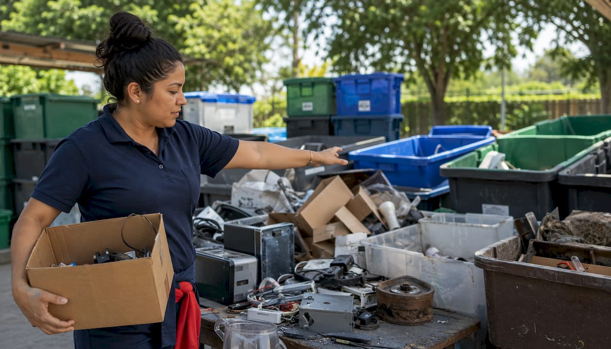 Hands sorting commercial waste for recycling and donation
