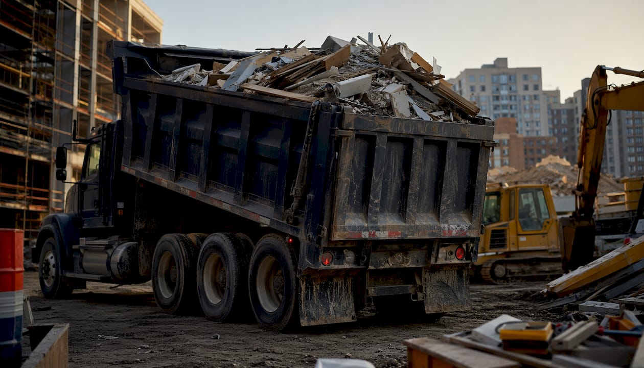 Dump truck loaded with construction debris outdoors