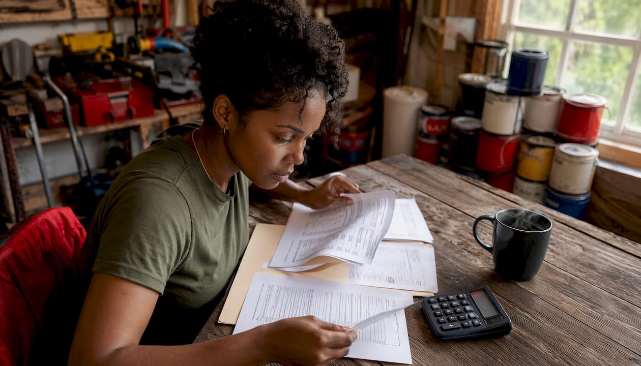 Worker reviewing licenses in office