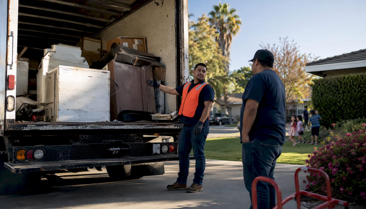 Junk truck partially loaded on city street
