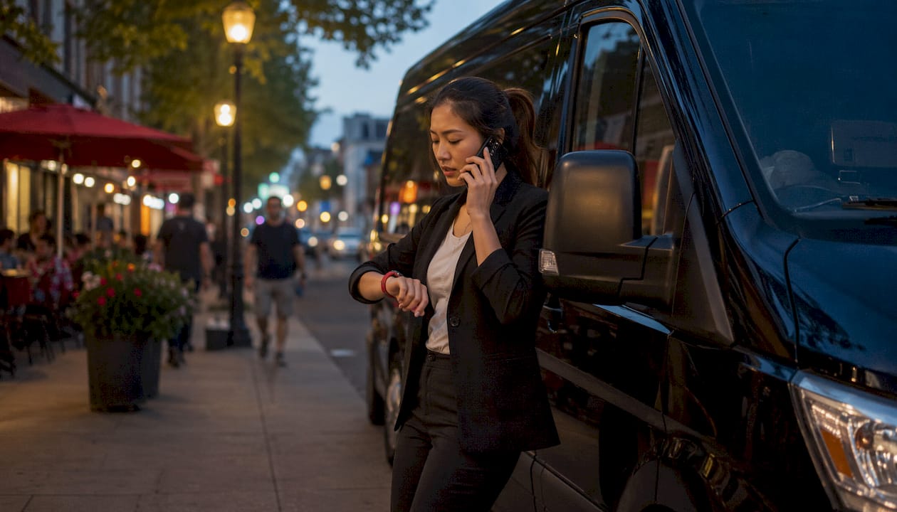 Woman scheduling same-day junk removal by phone outside office