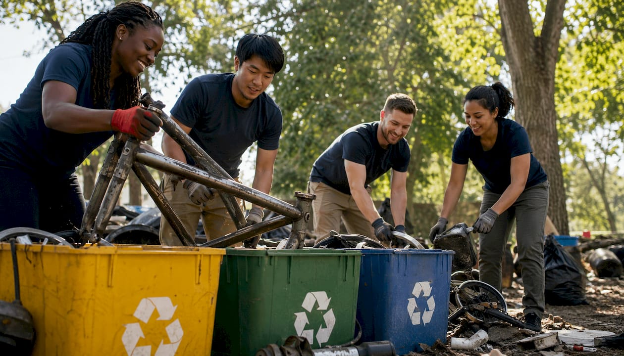 Diverse crew sorting recyclable junk in warehouse