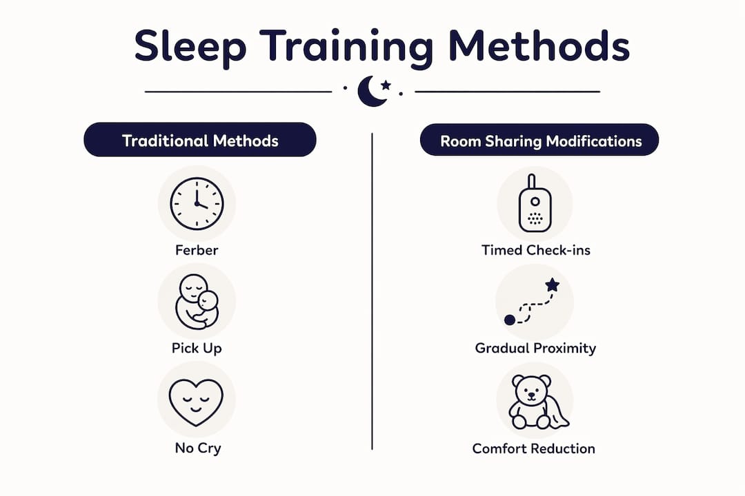 Infographic comparing sleep training methods and adaptations