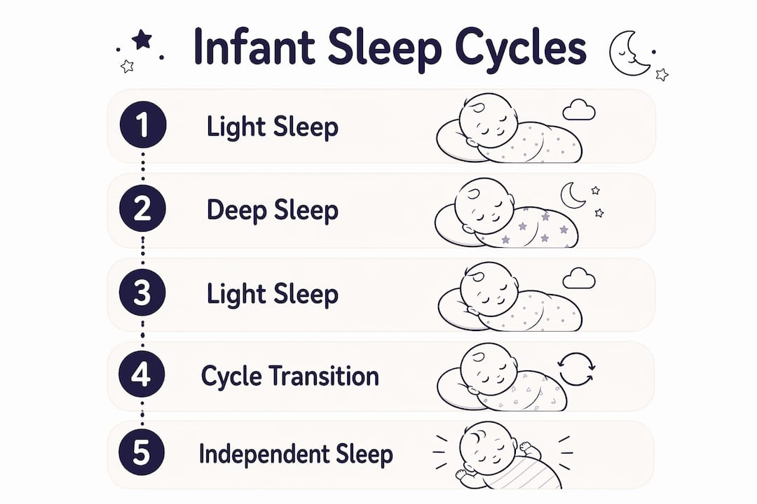 Infographic illustrating stages of infant sleep cycle