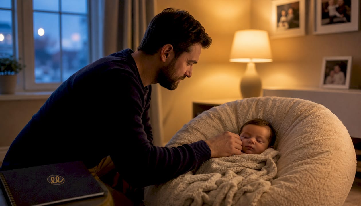 Father gently checking sleeping baby hand