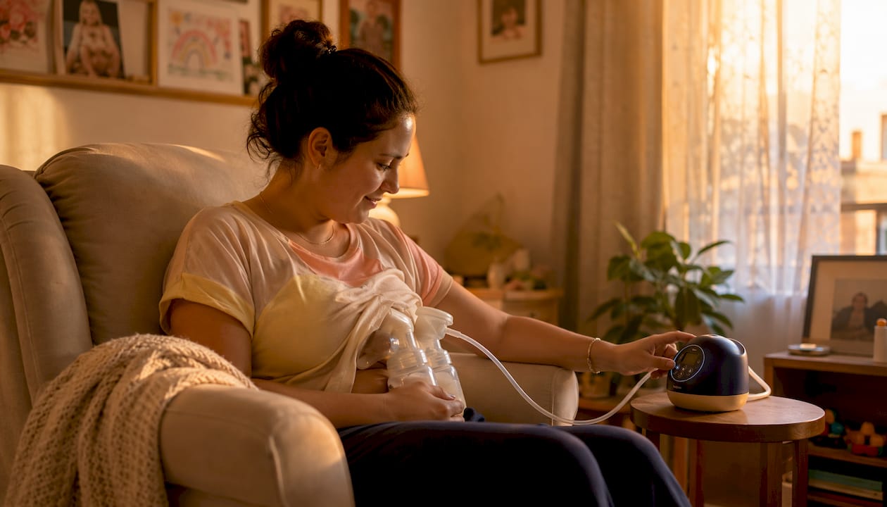 Hands adjusting breast pump settings on kitchen counter