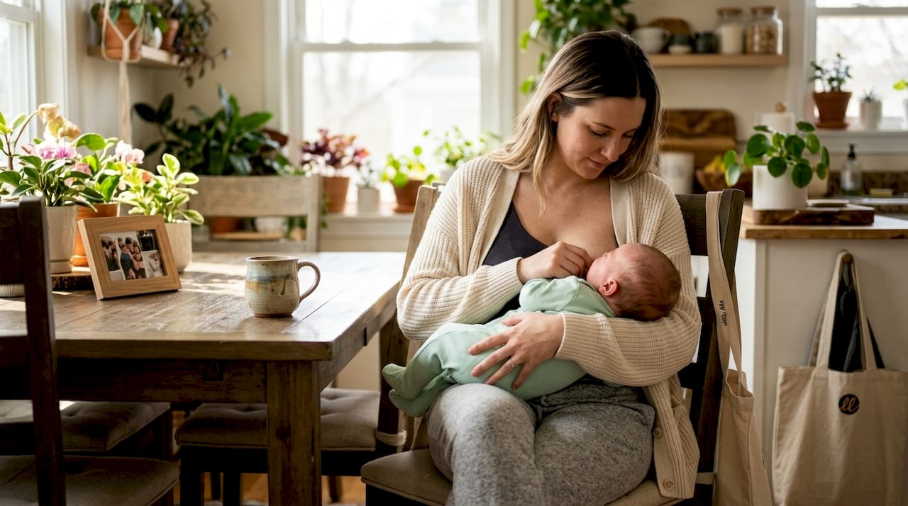 Mother calming fussy baby by switching breastfeeding sides