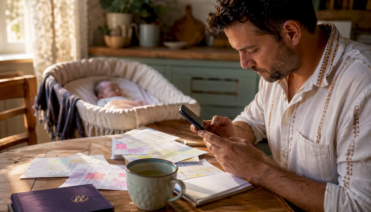 Father logging baby's sleep data on smartphone