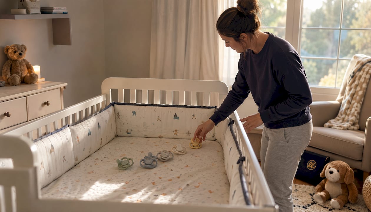 Parent placing pacifiers inside baby crib
