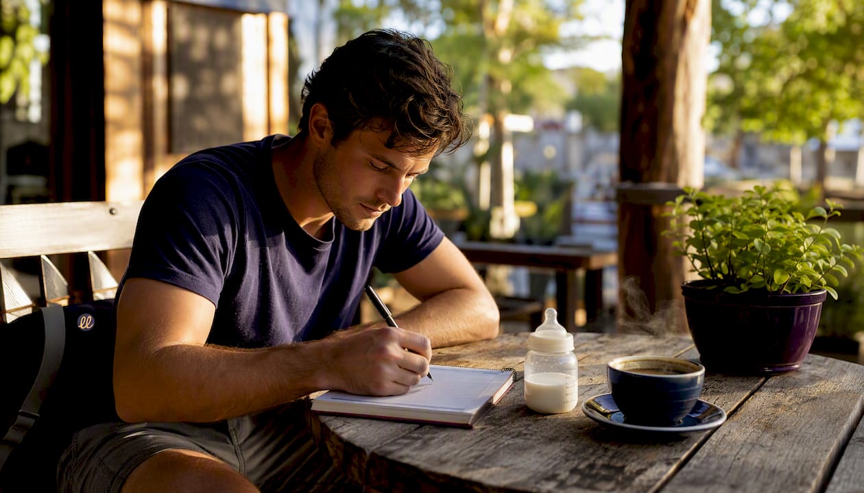 Father recording newborn sleep schedule at table