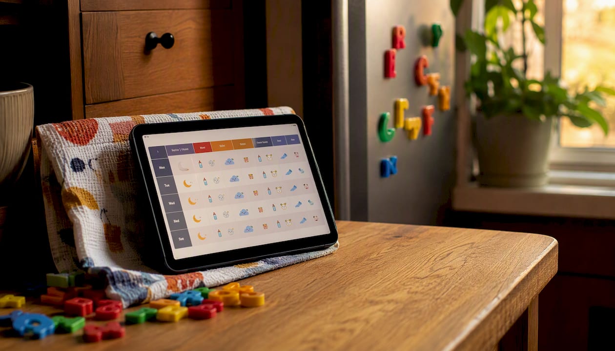 Tablet showing newborn sleep schedule infographic on desk