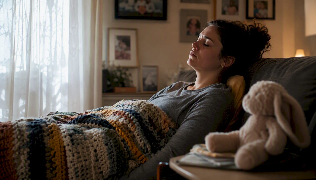 Tired new parent resting in a cozy living room