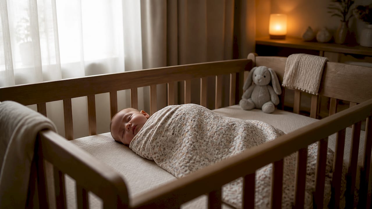 Baby napping in dark crib during daytime